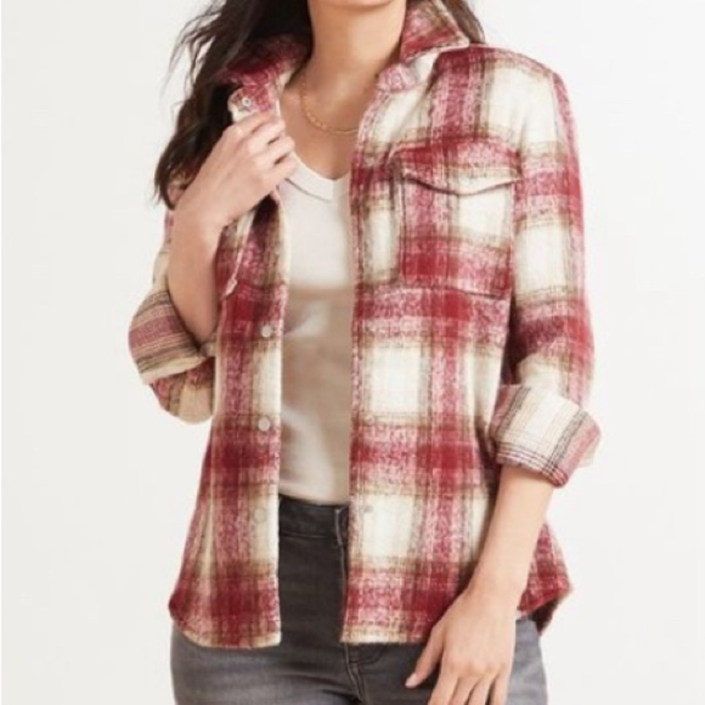 BB DAKOTA Work Hard Play Hard Red, Cream & Brown Plaid Fuzzy Texture Shacket S